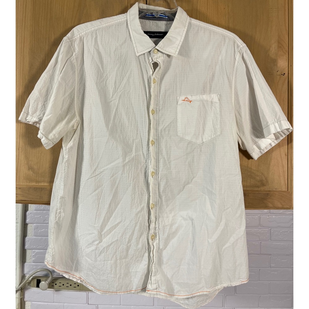 Tommy Bahama Button Down Shirt Mens XL White Short Sleeve Cotton Blend